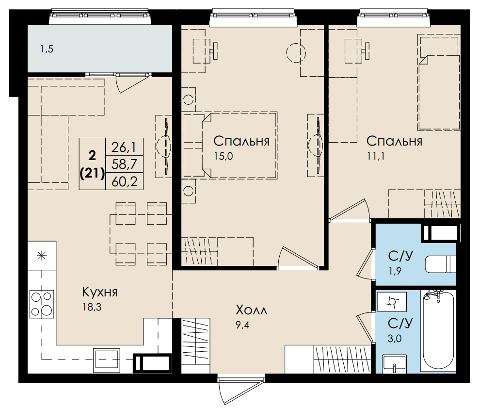 Секция F (#67), 2-комнатная квартира, 60.20 м2 - ЖК Высший Пилотаж 3, г.  Гатчина, бульвар Авиаторов, 5/18